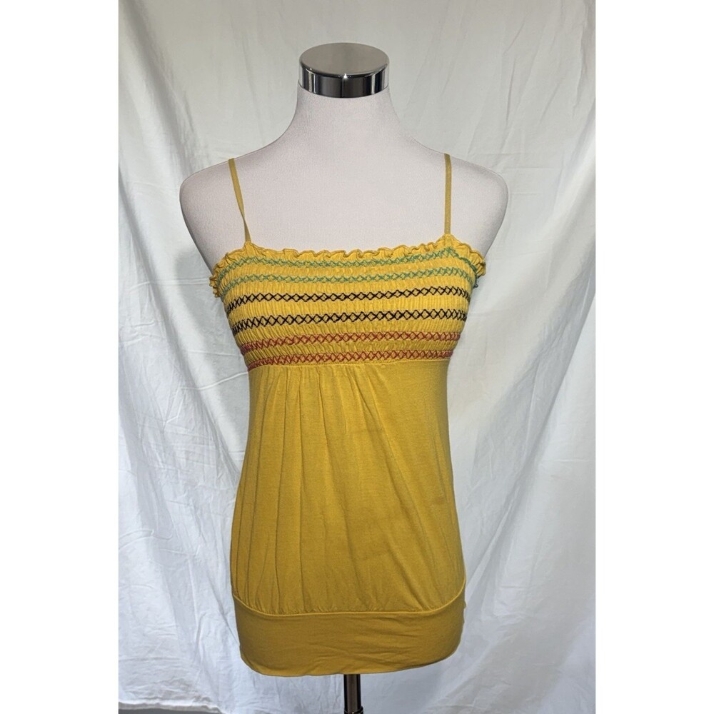 Yellow Smocked Stiped Embroidered Baby doll Tank Top Size XS Vintage Y2K